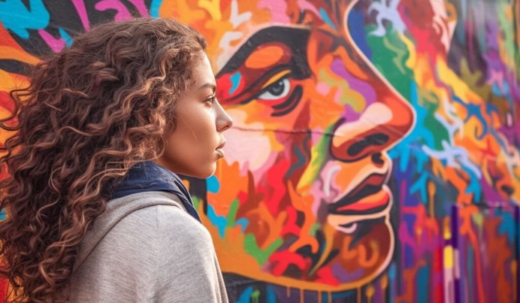 infj aries woman in front of a graffiti wall spray painting a mural about social justice
