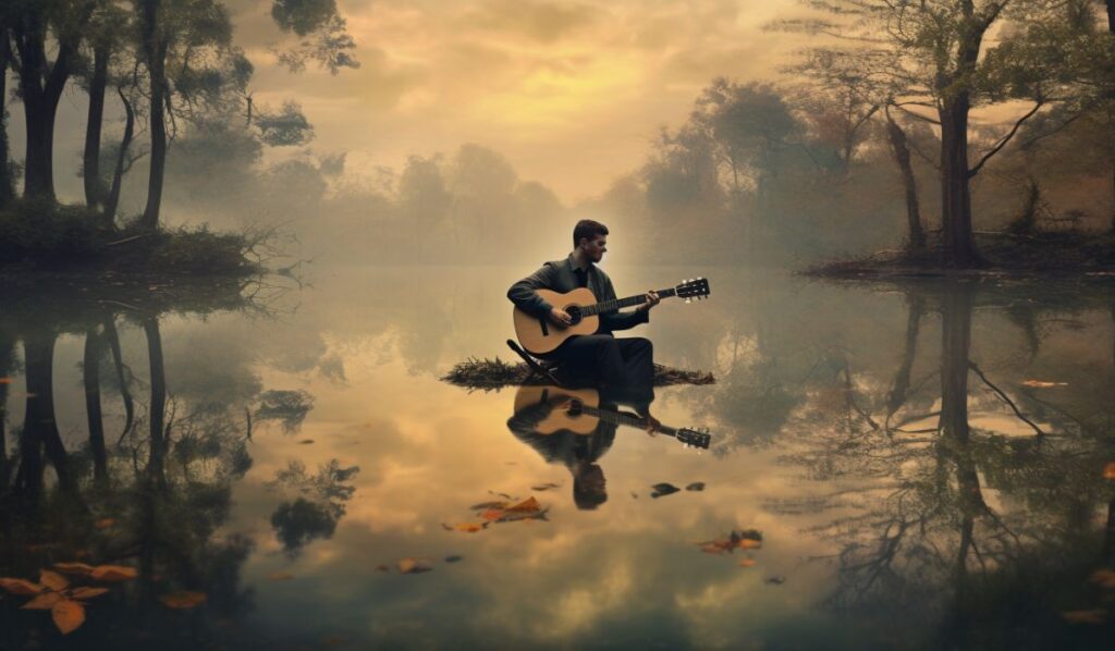 infj pisces man playing the guitar on a lake illustration