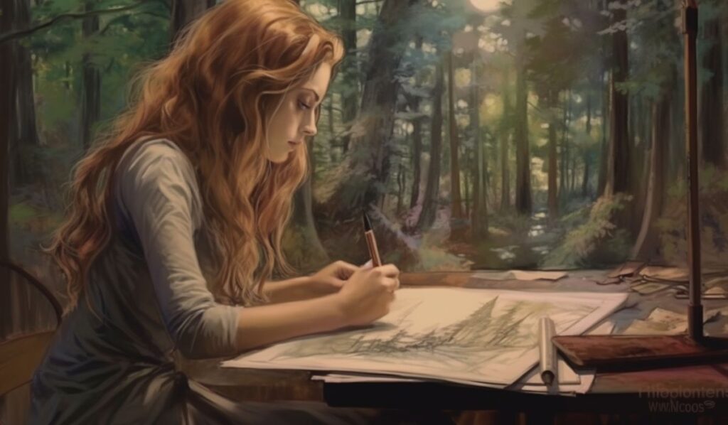 infj pisces woman studying in the woods illustration