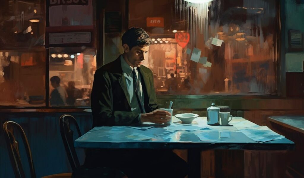 infj scorpio man in a late night cafe illustration