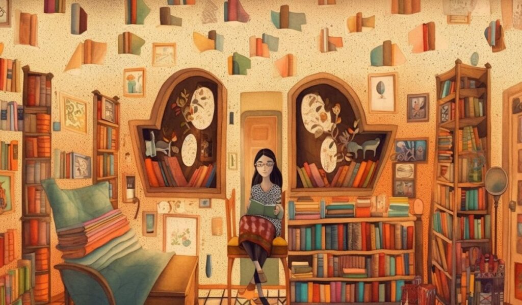 infj virgo woman in a room full of books illustration