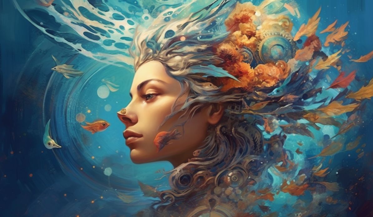 infp aquarius woman swimming with fish illustration