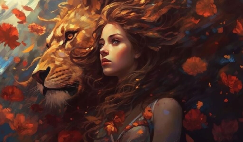infp leo woman with a lion besides her