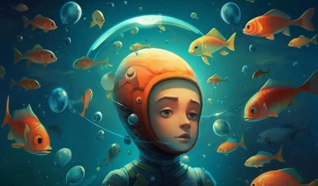 infp pisces man swimming with fish illustration