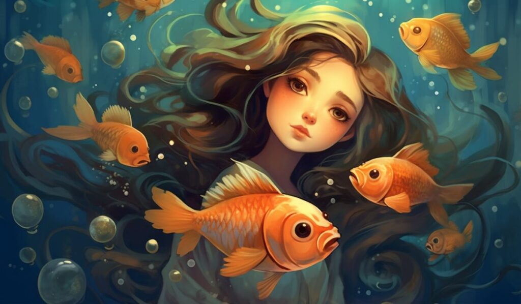 infp pisces woman swimming with fish illustration