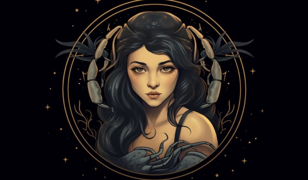 infp scorpio woman with black hair illustration