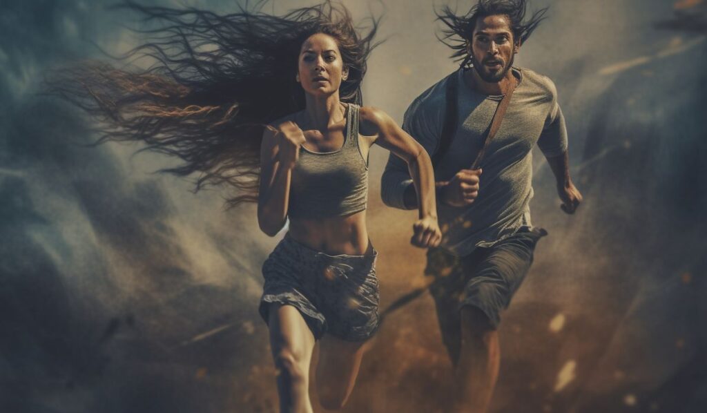 man and woman running together