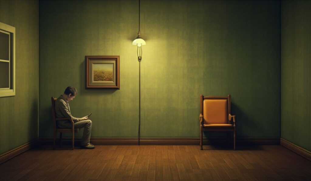 man isolated on his room looking at his phone