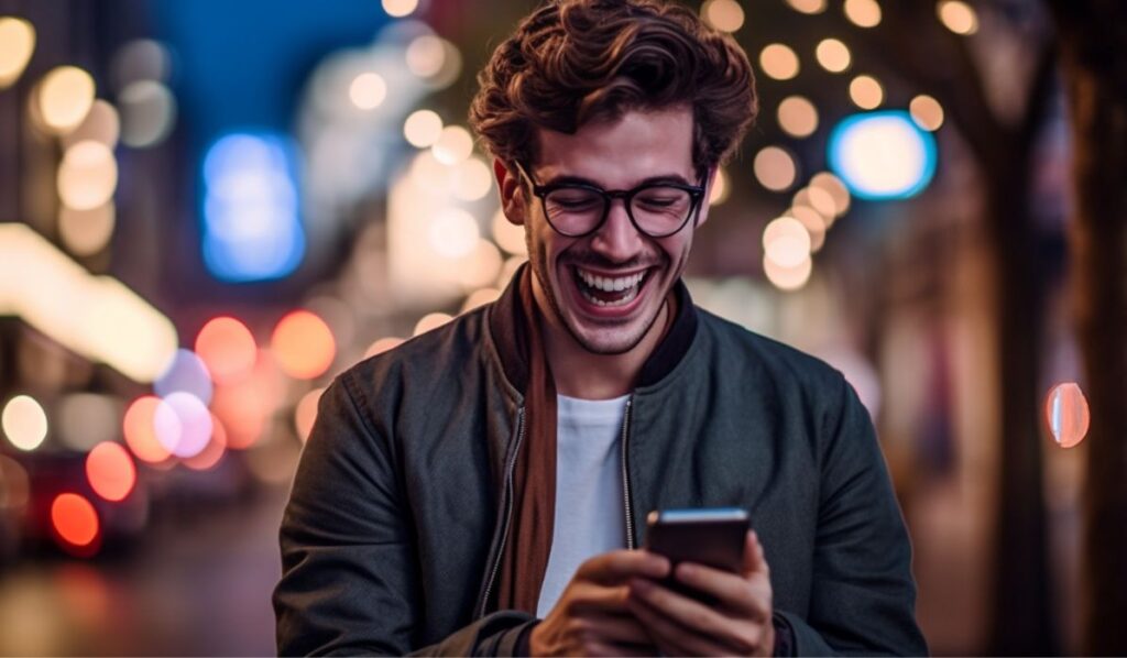 man smiling looking at his phone