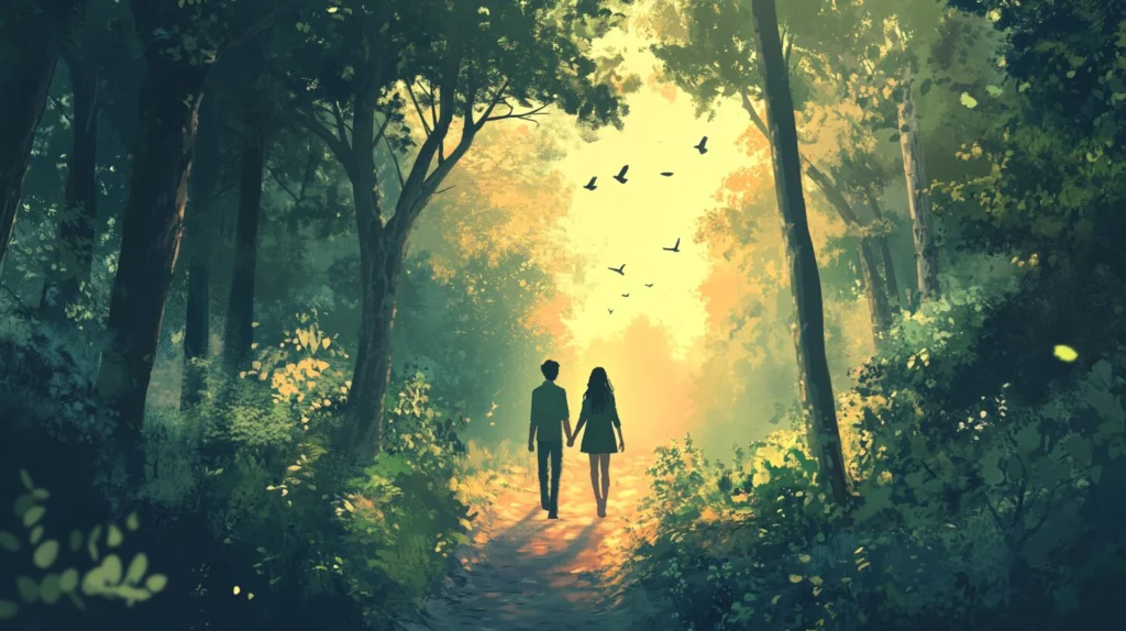 A couple walking on a quiet trail in a dense forest