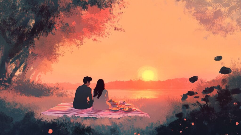 A couple sitting on a blanket in a quiet park at dawn