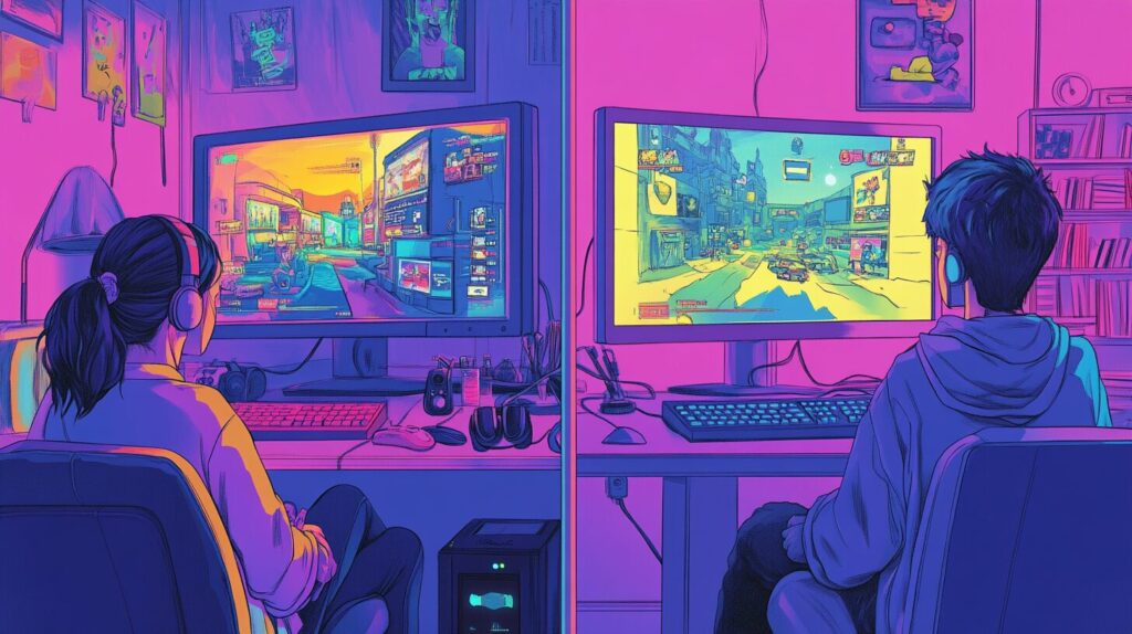 A split-screen of a couple playing multiplayer games on their computers