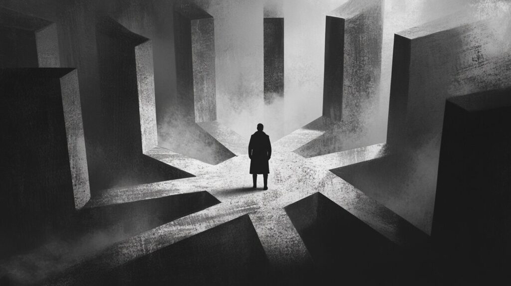 An illustration of a figure standing in a foggy, distorted maze