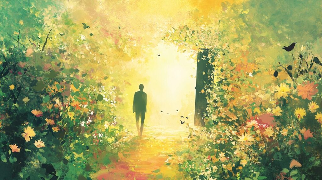 An illustration of a person walking through a door into a bright, serene garden