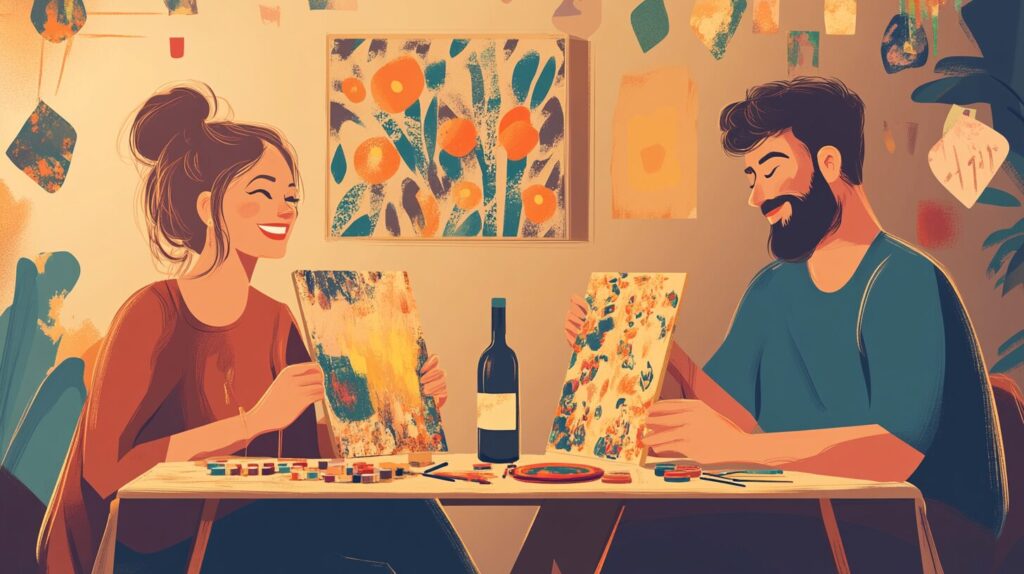 A couple at home, sitting side by side with canvases and paintbrushes