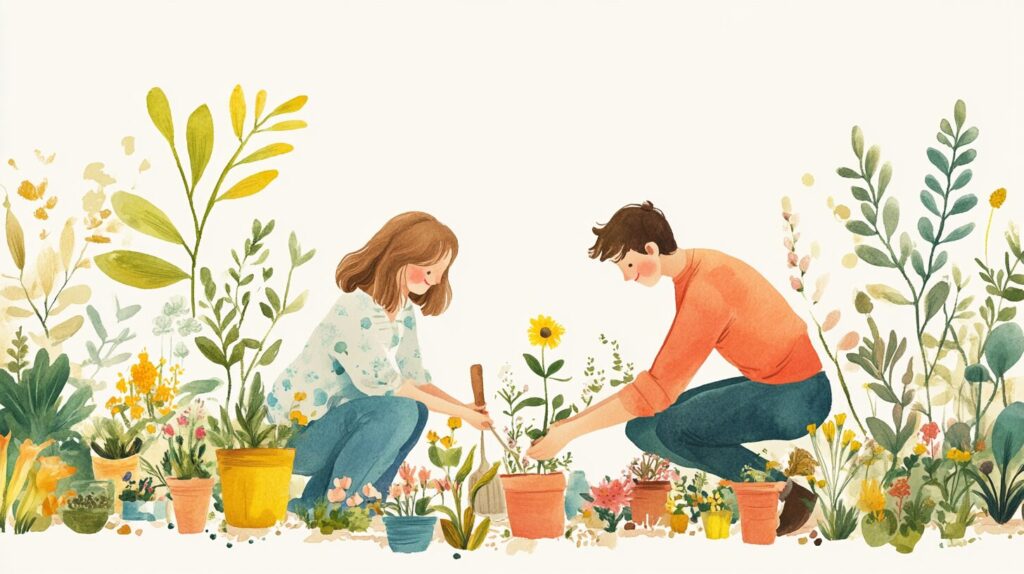 A couple kneeling in a small garden, planting flowers and herbs together