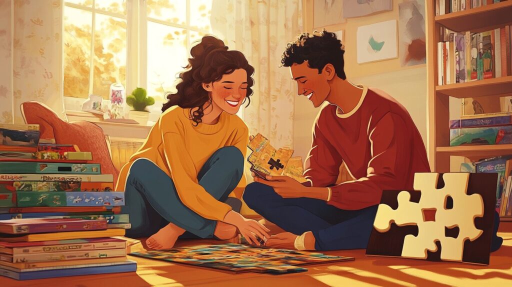 A couple sitting on the floor playing board games