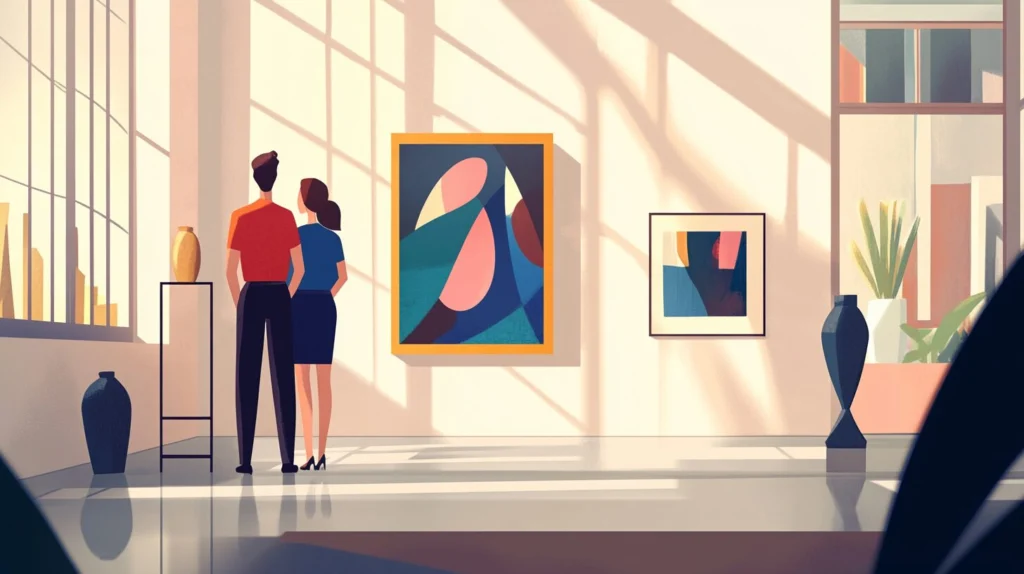 An art gallery with a couple quietly admiring a painting on the wall