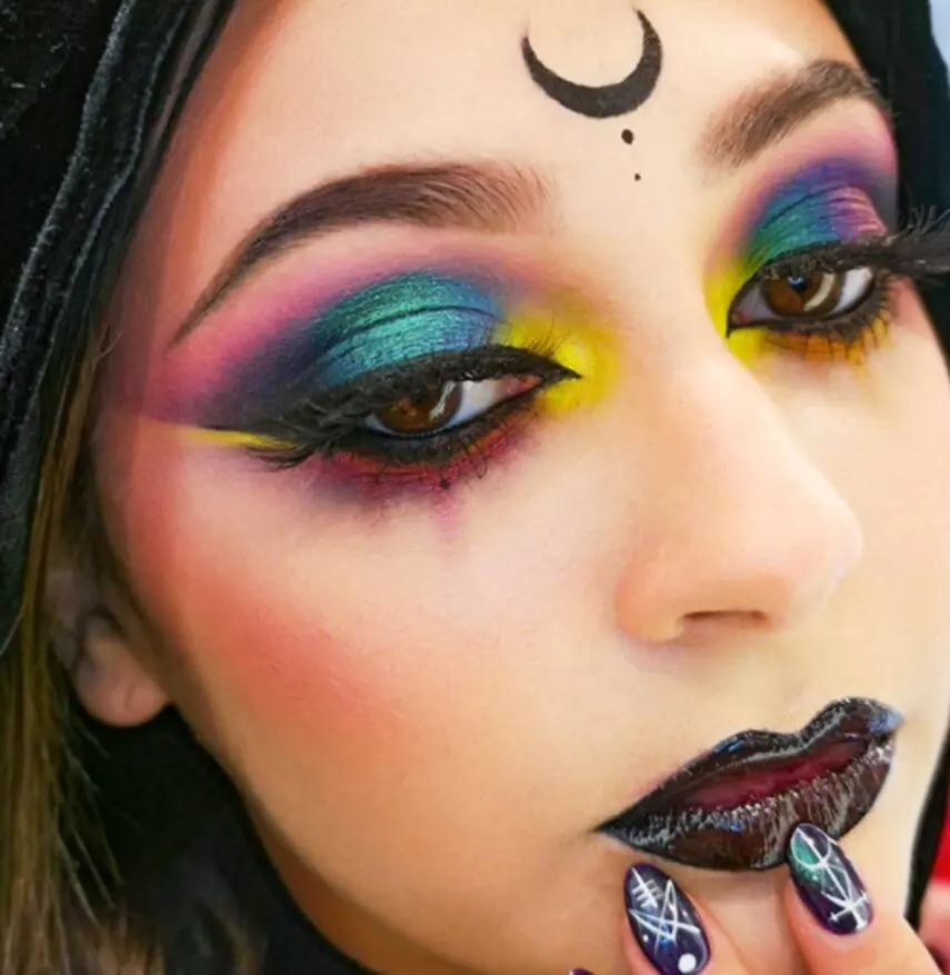rainbow-witch-makeup-bold-eyeshadow-black-lips-crescent-moon