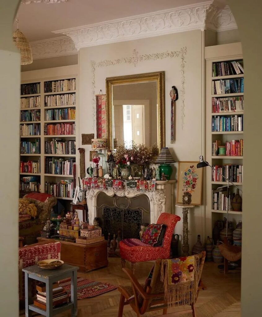 cozy-library-living-room-vintage-fireplace-eclectic-decor