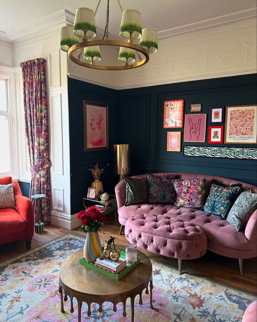 maximalist-living-room-pink-sofa-dark-walls