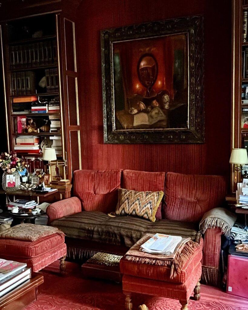 moody-vintage-library-red-velvet-maximalism