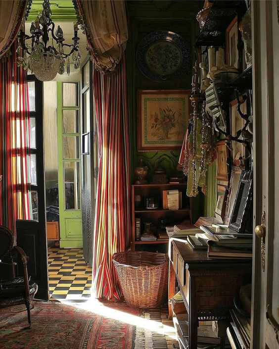 moody-vintage-room-striped-drapes-checkered-floor