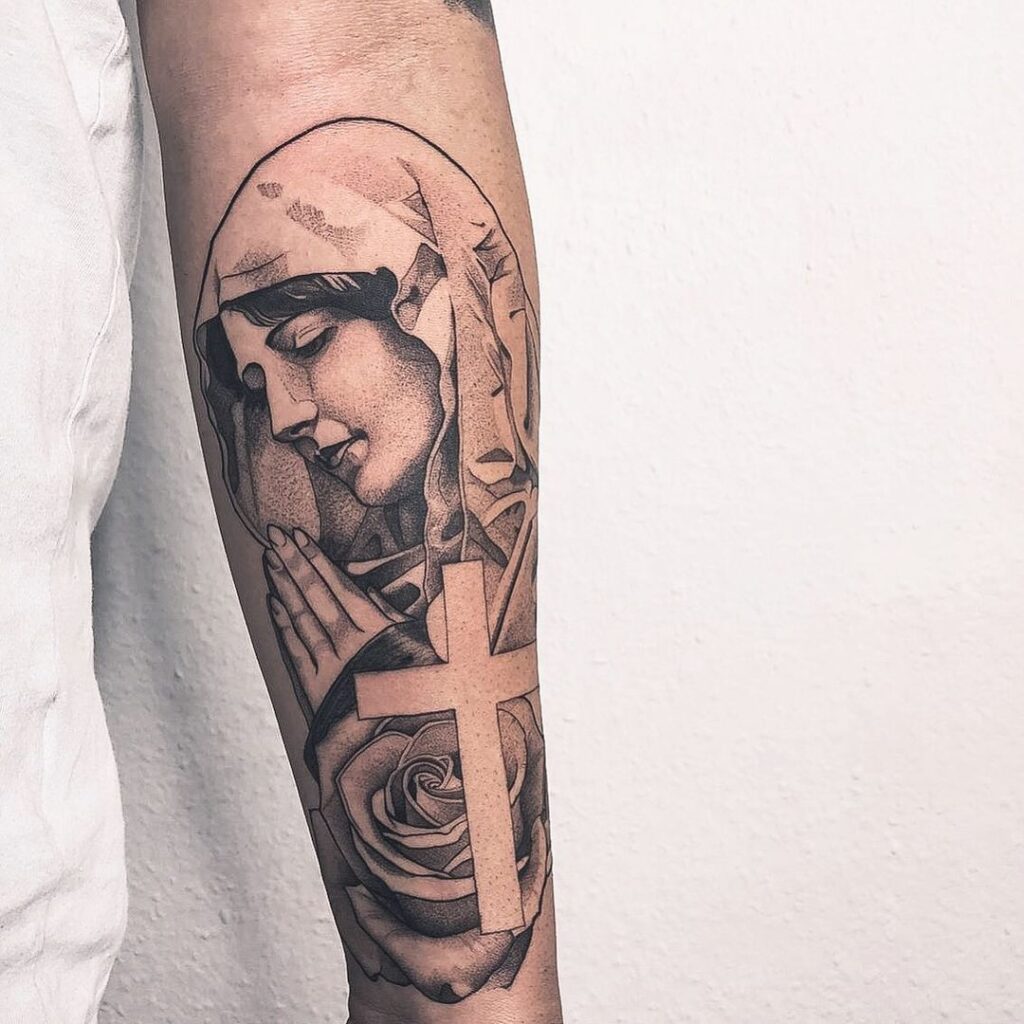 virgin-mary-cross-rose-tattoo