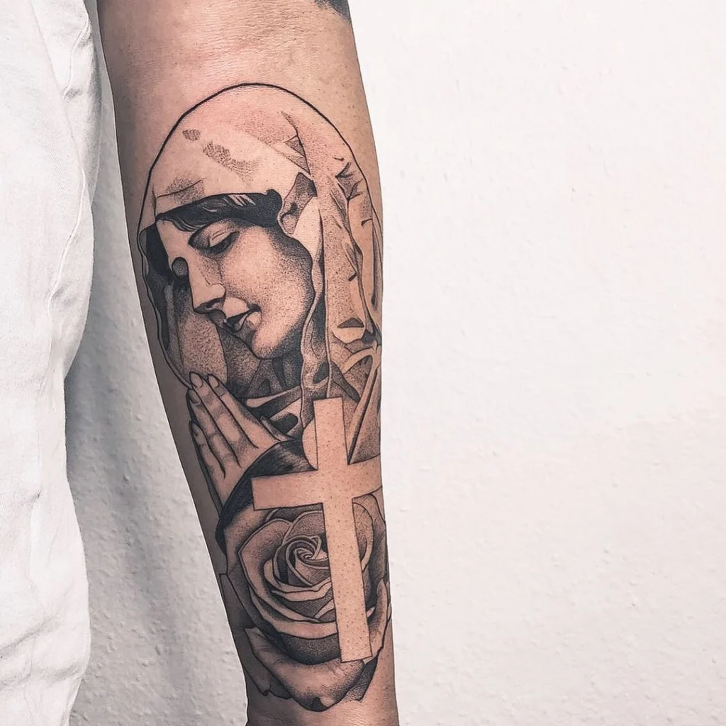 virgin-mary-cross-rose-tattoo