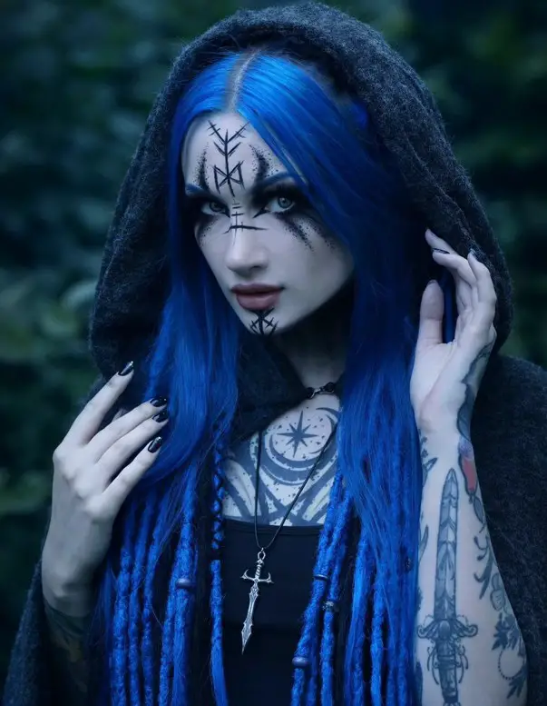 mystical-blue-witch-makeup-tribal-face-paint-hooded-cloak