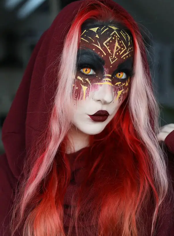 fiery-witch-makeup-red-black-golden-runes-yellow-eyes