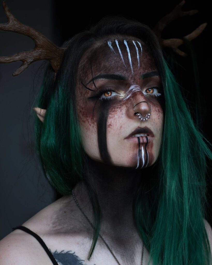 woodland-witch-makeup-tribal-face-paint-antlers-green-hair