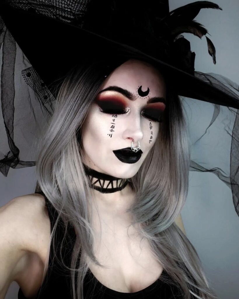 occult-witch-makeup-red-black-smoky-eyes-crescent-moon-symbols