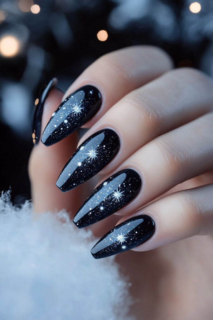 Starry-Night-Black-Glitter-Nail-Design