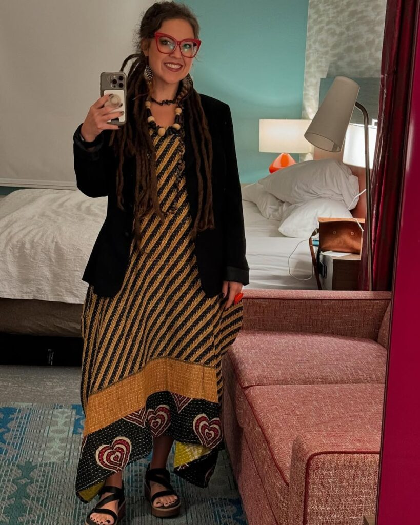 bold-pattern-maxi-dress-with-blazer-and-statement-glasses