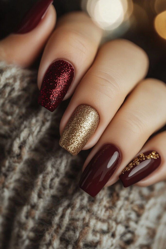 burgundy-gold-glitter-holiday-nail-design