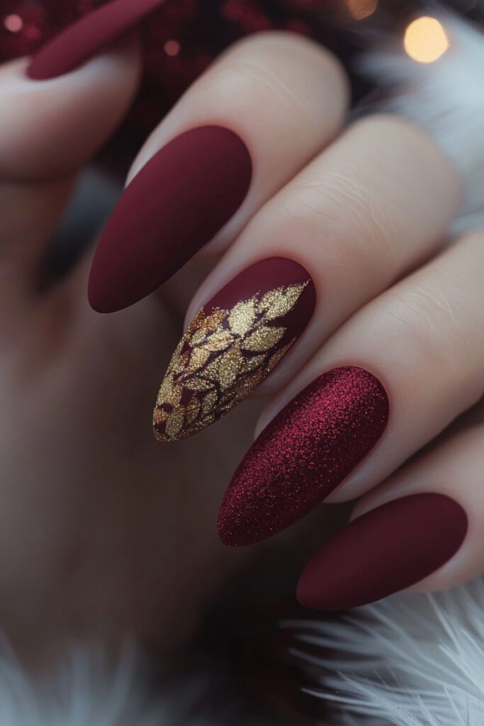 burgundy-gold-glitter-nail-design