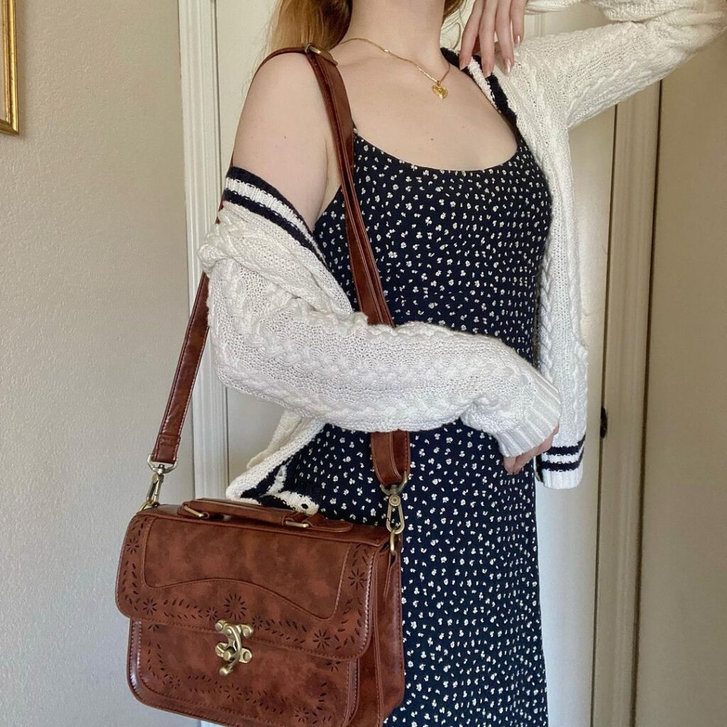 floral-midi-dress-with-cozy-cardigan-and-brown-satchel