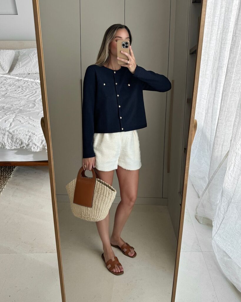 navy-cardigan-and-white-textured-shorts-minimalist-look