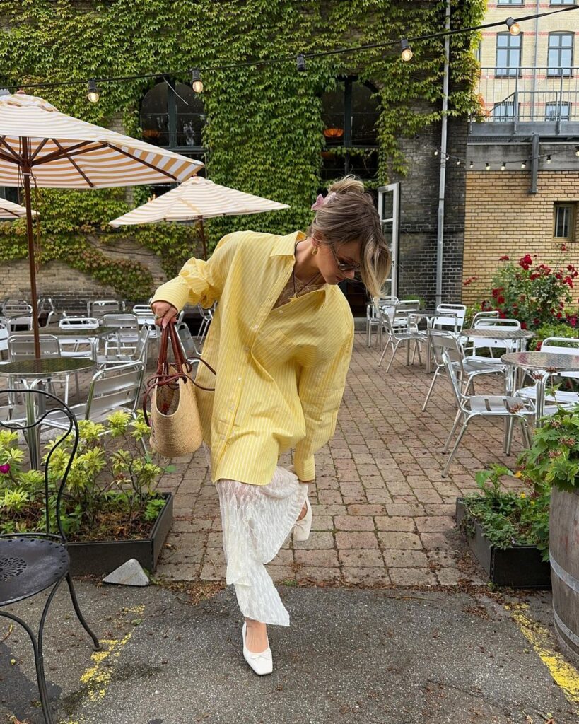 oversized-yellow-shirt-and-lace-midi-skirt