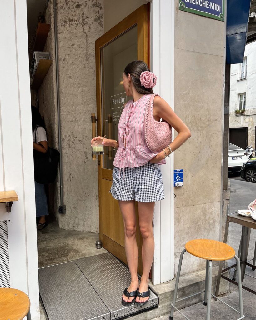 pink-striped-blouse-and-gingham-shorts-casual-look