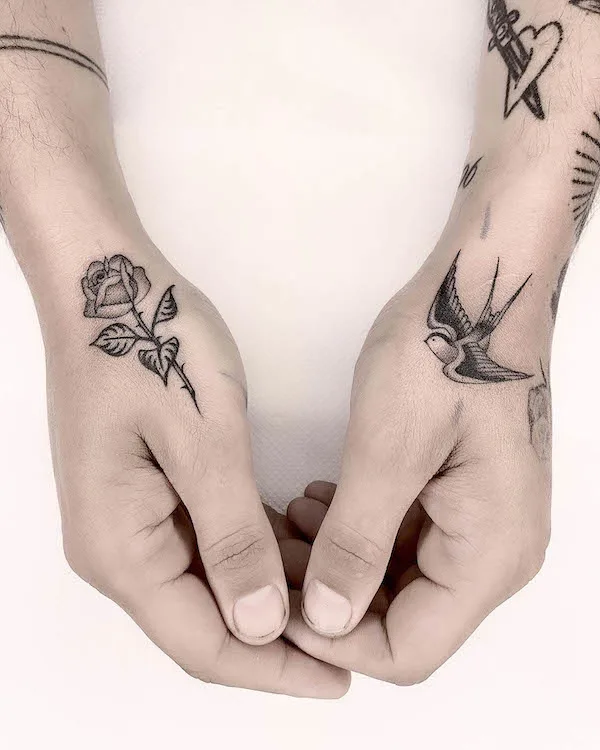 rose-and-bird-hand-tattoos