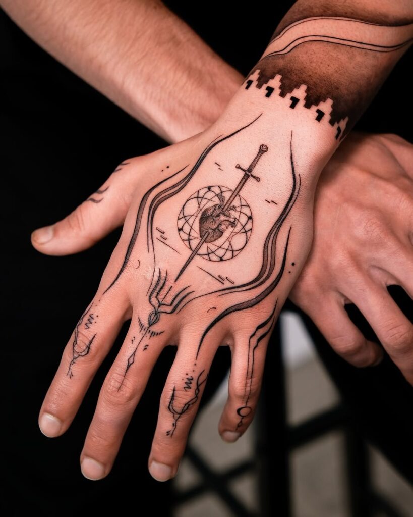 sword-rose-geometric-hand-tattoo