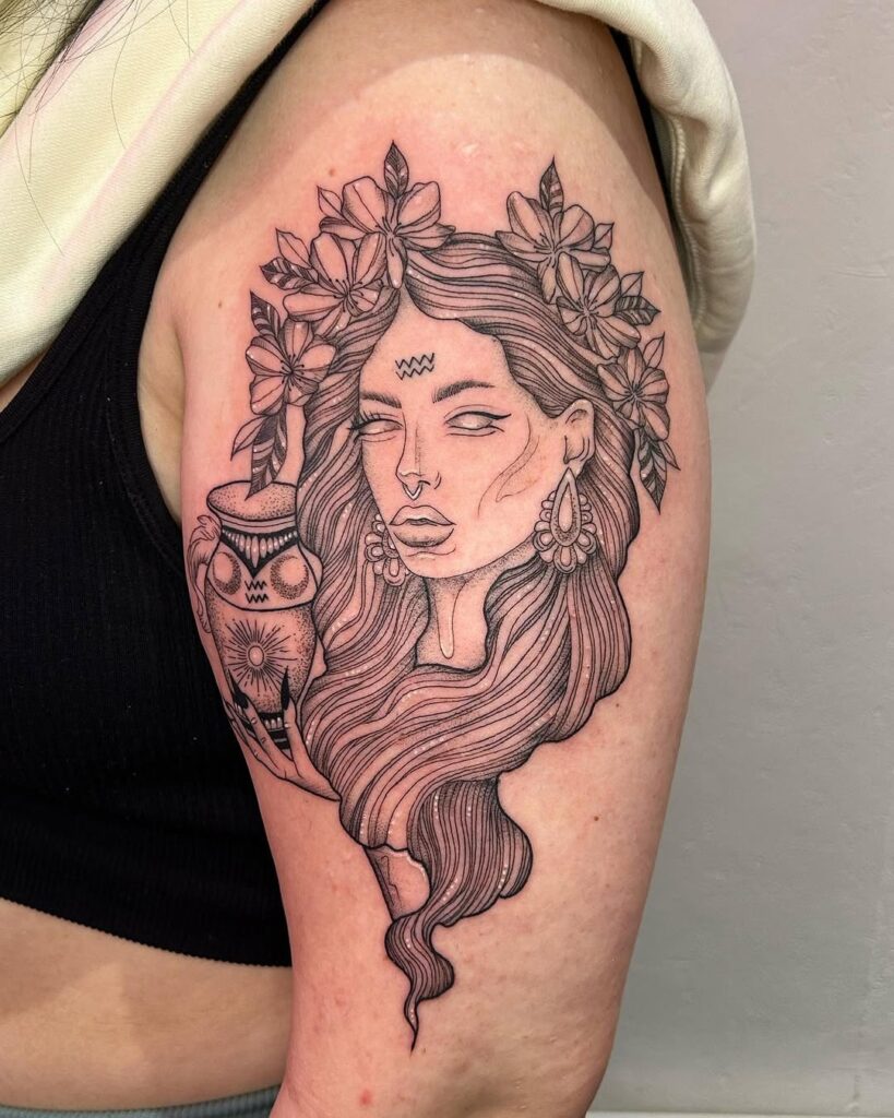 aquarius-goddess-floral-crown-tattoo