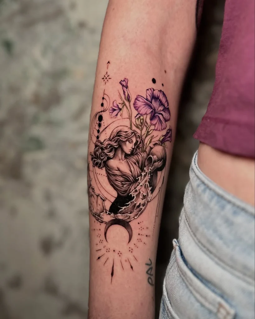 aquarius-water-bearer-floral-tattoo-forearm