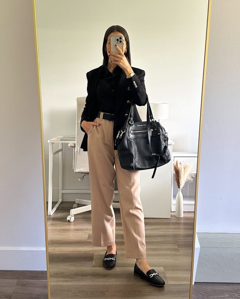 black-blazer-beige-trousers-loafers-look