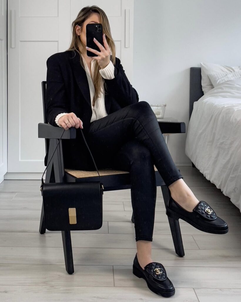 black-blazer-leather-pants-loafers-work-look