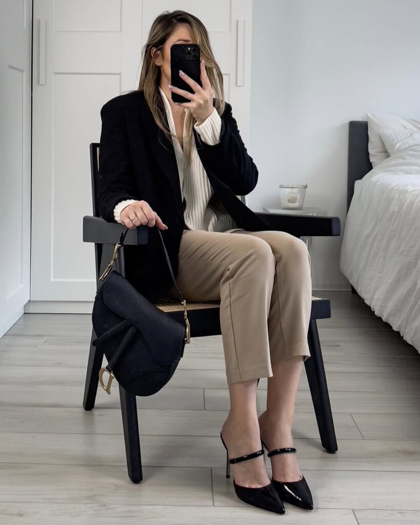 black-blazer-tan-trousers-heels-work-look