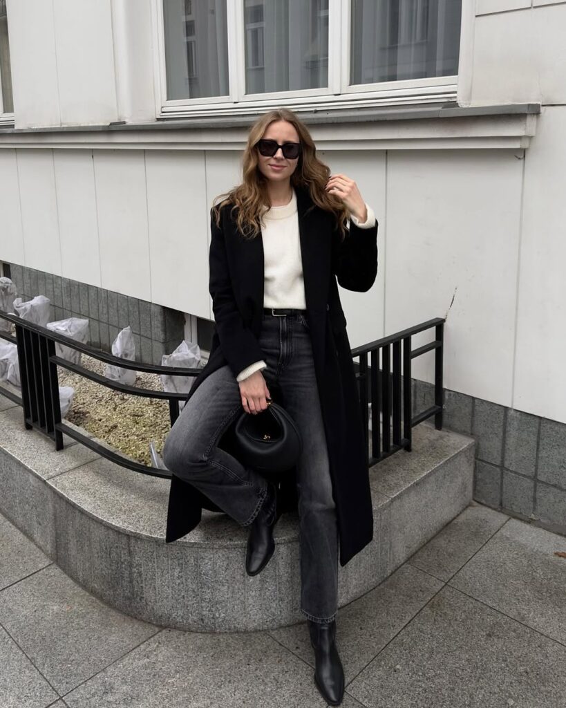 black-coat-gray-jeans-white-sweater-look