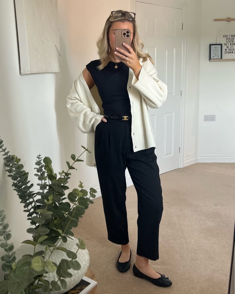 black-outfit-with-white-cardigan-look